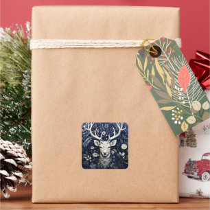 Enchanted Forest Deer Winter Bloom Square Sticker
