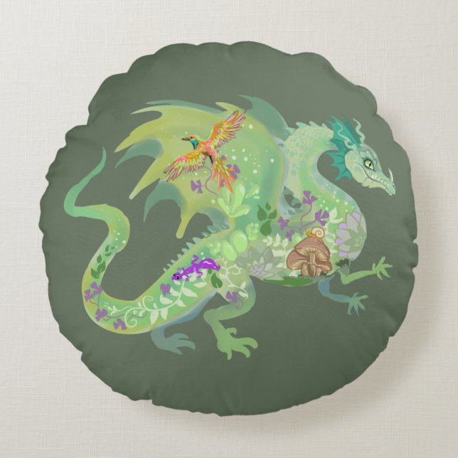 Enchanted Forest Dragon Pattern Round Cushion (Front)