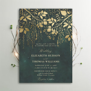 Enchanted Forest Draped Foliage Gold Green Wedding Invitation