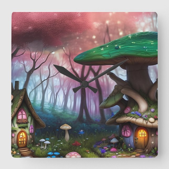 Enchanted Forest Dreamscape Mushroom Fantasy Fairy Square Wall Clock (Front)