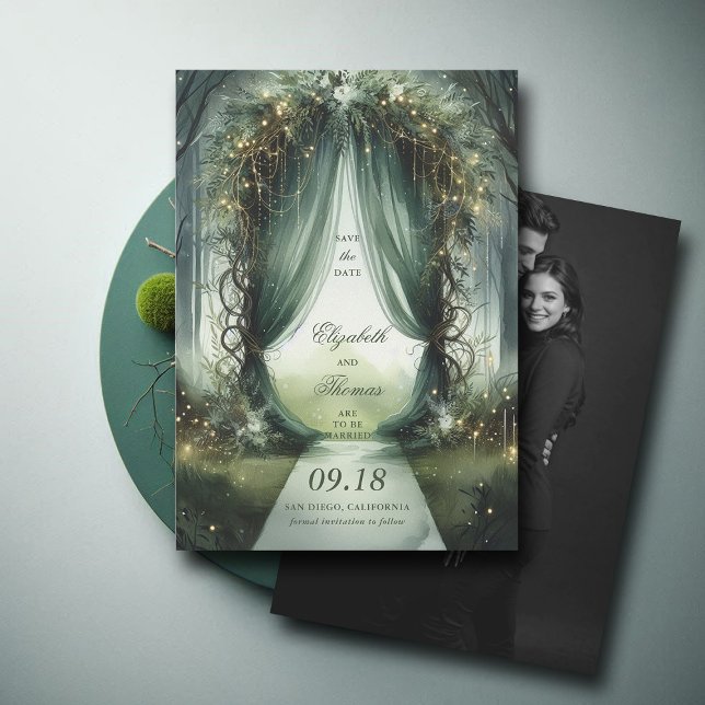 Enchanted Forest Dreamy Fairy Tale Photo Wedding Save The Date (enchanted forest woodland wedding save the date arch canopy calligraphy fairy tale magic dark moody)