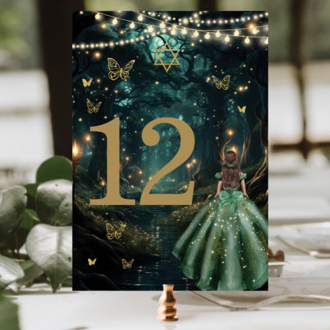 Enchanted Forest Emerald Green Dress Bat Mitzvah Table Number (Creator Uploaded)