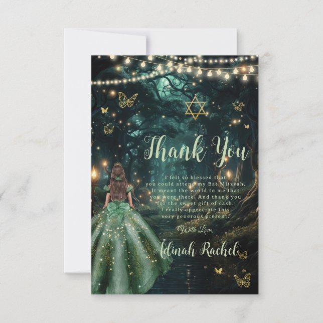 Enchanted Forest Emerald Green Dress Bat Mitzvah Thank You Card (Front)