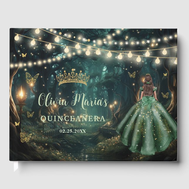 Enchanted Forest Emerald Green Dress Quinceanera Guest Book (Front)