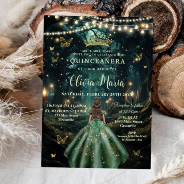 Enchanted Forest Emerald Green Dress Quinceañera Invitation (Creator Uploaded)