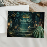 Enchanted Forest Emerald Green Dress Quinceañera  RSVP Card<br><div class="desc">Personalise this enchanting Quinceañera / Sweet 16 birthday RSVP card easily and quickly. Simply click the Edit Using Design Tools button to further edit the text, change font styles and font colours. Featuring a girl dressed in an emerald green dress and an enchanted forest background. The butterflies, quince girl and...</div>