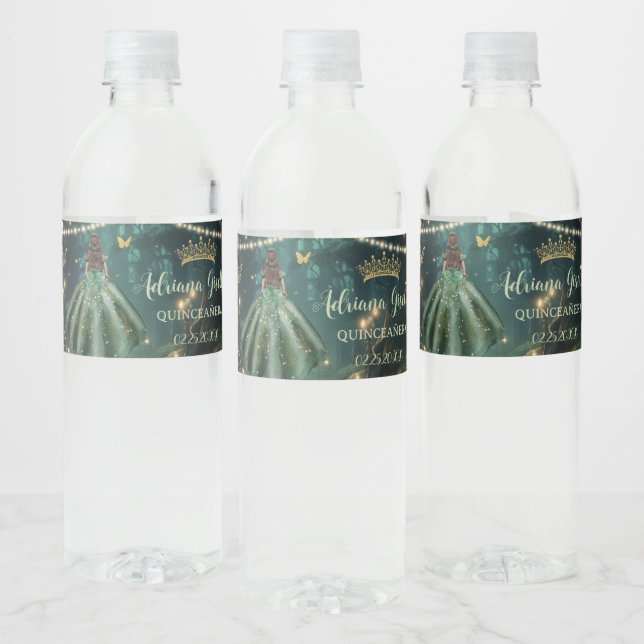 Enchanted Forest Emerald Green Dress Quinceañera Water Bottle Label (Bottles)