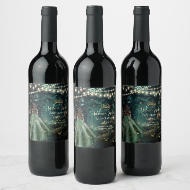 Enchanted Forest Emerald Green Dress Quinceañera Wine Label (Bottles)