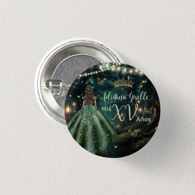 Enchanted Forest Emerald Green Quinceañera 16th 3 Cm Round Badge (Front & Back)