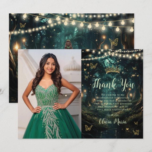 Enchanted Forest Emerald Green Quinceañera Photo Thank You Card (Front/Back)