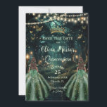 Enchanted Forest Emerald Green Twins Quinceañera Save The Date<br><div class="desc">Personalise this enchanting Quinceañera / Sweet 16 twins birthday save the date easily and quickly. Simply click the Edit Using Design Tools button to further edit the text, change font styles and font colours. Featuring two girls dressed in emerald green dresses and an enchanted forest background. The butterflies, quince girls...</div>