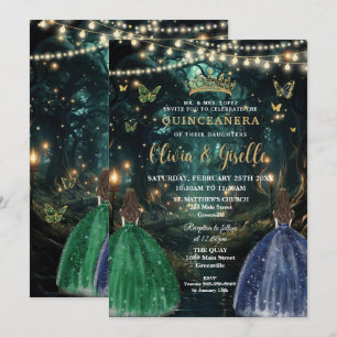 Enchanted Forest Emerald & Navy Twins Quinceañera Invitation