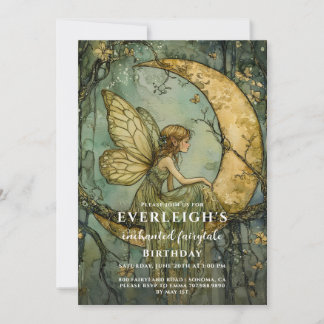 Enchanted Forest Fairy Crescent Moon Birthday Invitation