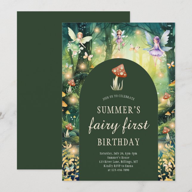 Enchanted Forest Fairy First Girl's Birthday Party Invitation (Front/Back)