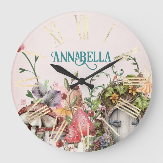 Enchanted Forest Fairy Garden Door on Pink Large Clock (Front)