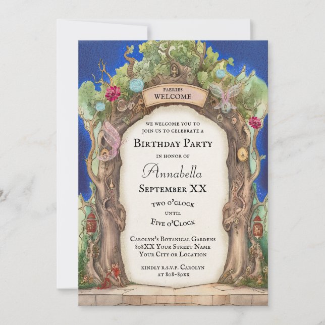 Enchanted Forest Fairy Garden on Blue Night Sky Invitation (Front)
