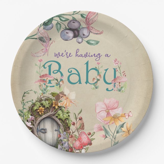 Enchanted Forest Fairy Garden on Faded Parchment Paper Plate (Front)