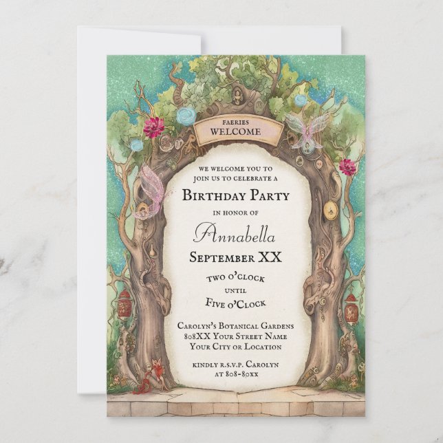 Enchanted Forest Fairy Garden on Glitter Green Invitation (Front)