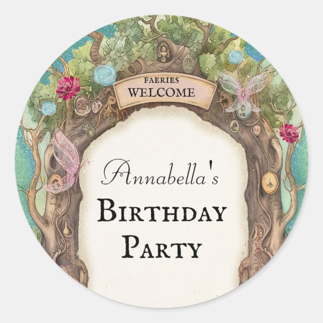 Enchanted Forest Fairy Garden on Green Glitter Classic Round Sticker (Front)