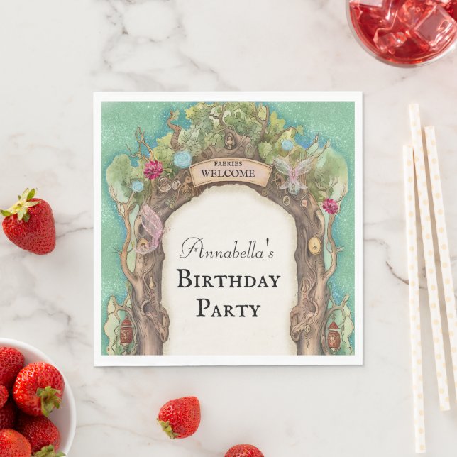 Enchanted Forest Fairy Garden on Green Glitter Napkin (Insitu)