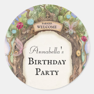Enchanted Forest Fairy Garden on Pink Classic Round Sticker
