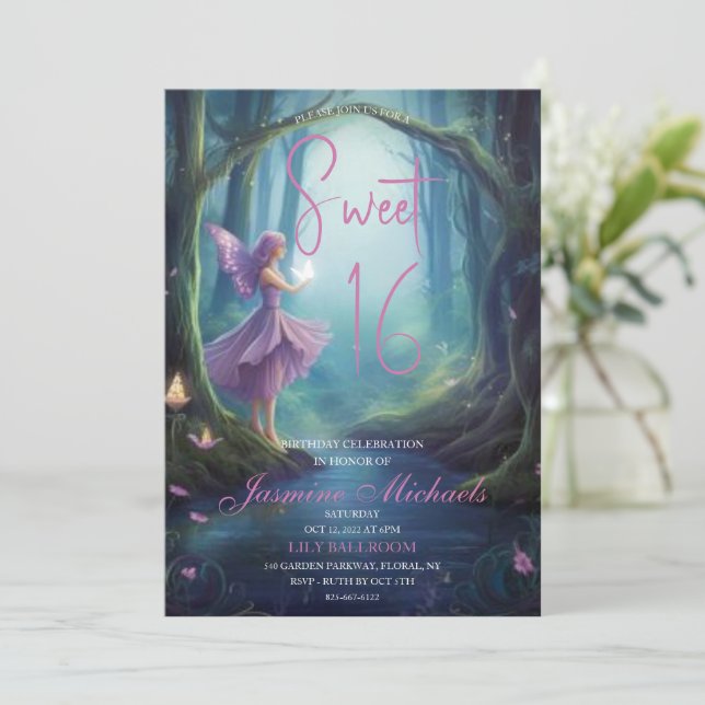 Enchanted Forest Fairy Sweet 16 Invitations (Standing Front)