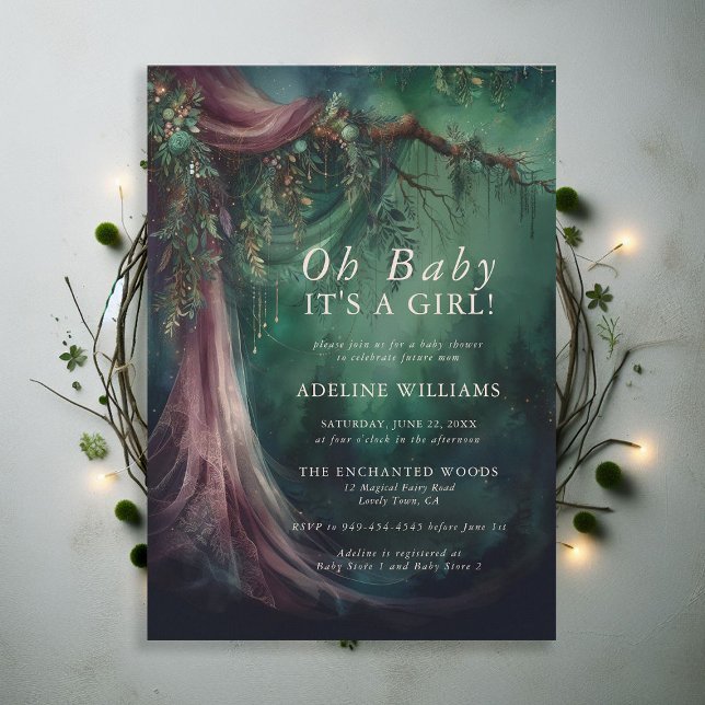 Enchanted Forest Fairytale Magical Baby Shower Invitation (enchanted forest baby shower emerald green mauve purple veil woodland fairy tale faerie magic invite)