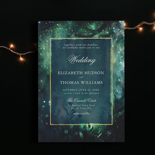 Enchanted Forest Faux Gold Frame Elegant Wedding Invitation (enchanted forest wedding invitation elegant frame faux gold magical fairy greenery garden foliage)