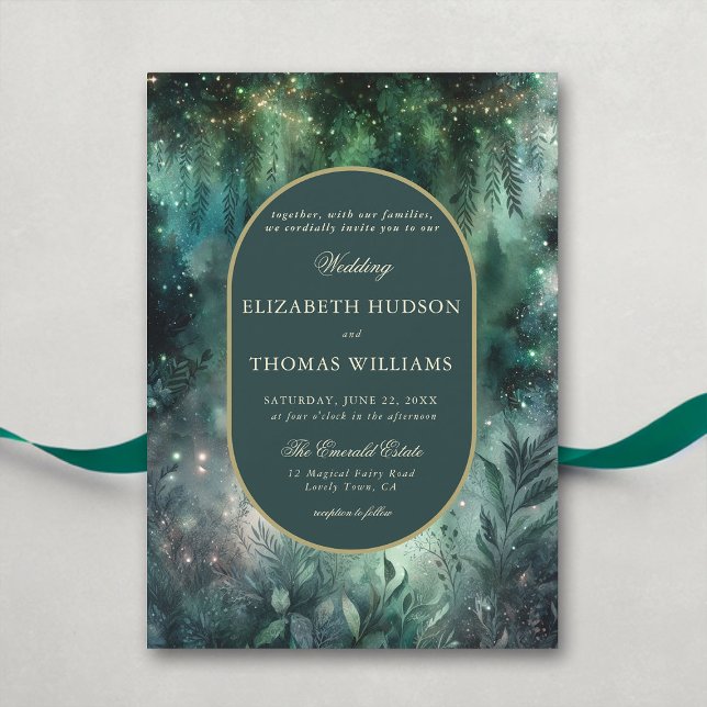 Enchanted Forest Faux Gold Oval Frame Wedding Invitation (enchanted forest wedding invitation elegant magical fairy garden foliage greenery emerald gold oval )