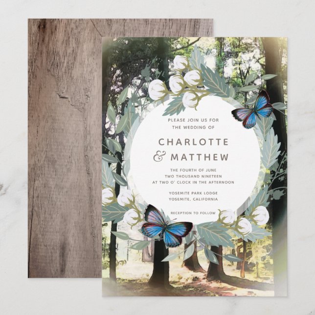 Enchanted Forest Floral Butterfly Green Wedding Invitation (Front/Back)