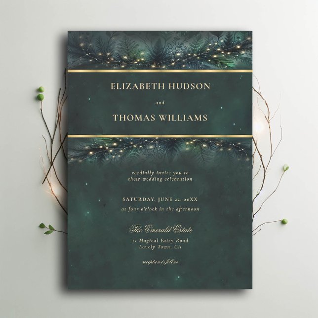Enchanted Forest Garland Fairytale Gold Wedding Invitation (enchanted forest wedding invitation emerald gold frame garland typography modern classic)