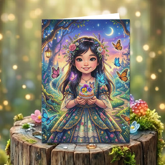 Enchanted Forest Girl's Birthday + Colouring Page Card