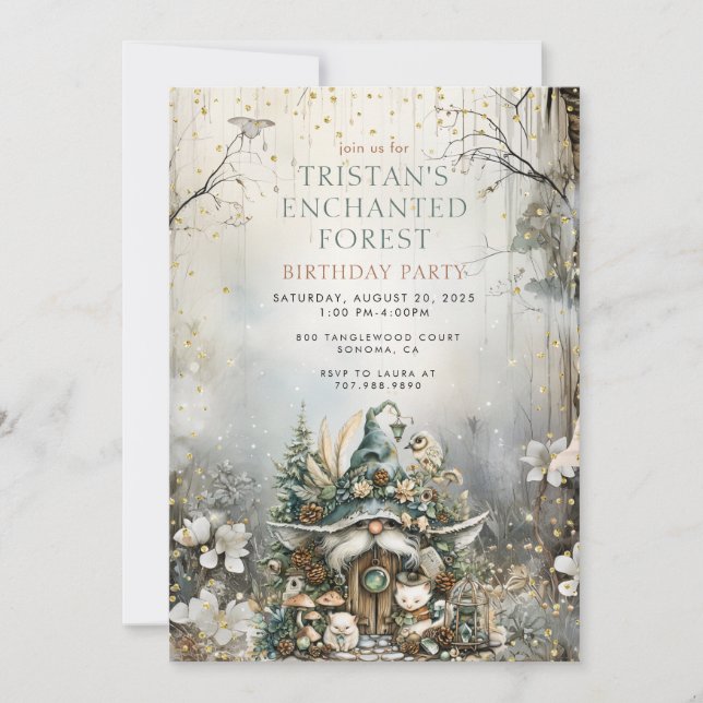 Enchanted Forest Gnome Kid's Birthday Party Invitation (Front)