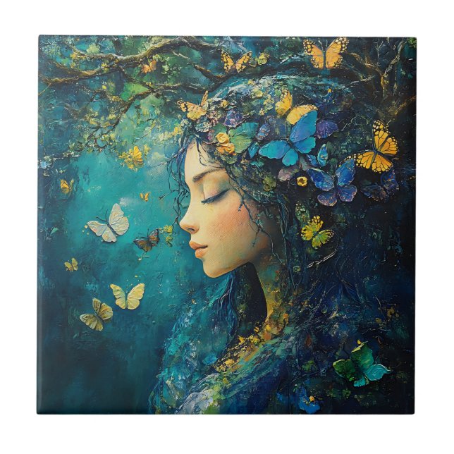 Enchanted Forest Goddess with Butterflies (1) Tile (Front)