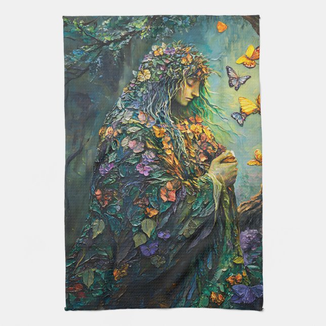 Enchanted Forest Goddess with Butterflies (3) Tea Towel (Vertical)