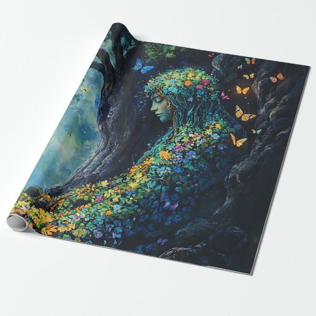 Enchanted Forest Goddess with Butterflies (6) Wrapping Paper (Unrolled)