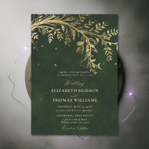 Enchanted Forest Gold Branch Hunter Green Wedding Invitation