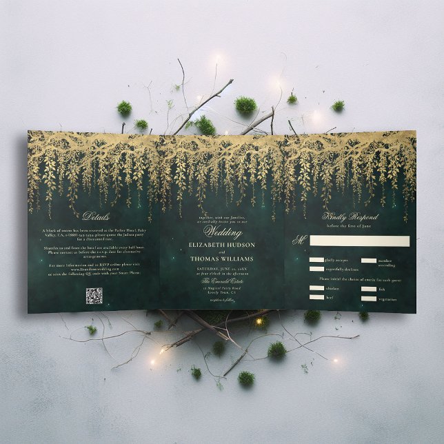 Enchanted Forest Gold Greenery All in One Wedding Tri-Fold Invitation (enchanted forest trifold wedding invitation seal send emerald gold branches vines elegant all in one)