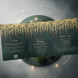 Enchanted Forest Gold Greenery All One 2 Wedding Tri-Fold Invitation