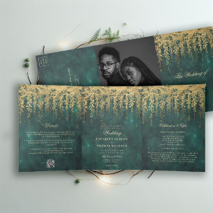 Enchanted Forest Gold Greenery Emerald Twinkle Tri-Fold Invitation