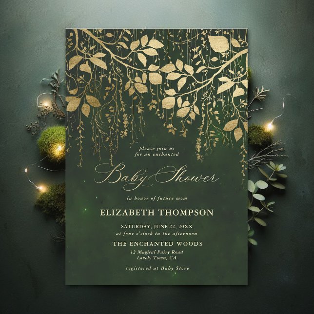 Enchanted Forest Gold Hunter Green Baby Shower Invitation (Enchanted Forest Hunter Green Draped Greenery Modern Calligraphy Neutral Baby Shower Invitation)