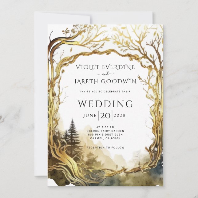 Enchanted Forest Gold Portal Wedding Invitation (Front)