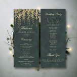 Enchanted Forest Gold Vine Elegant Wedding Program<br><div class="desc">A whimsical watercolor illustration of lush foliage and tree branches layered with gold (digital effect, not real foil) over an emerald green background, sparkling with fairy lights and magic dust, decorates this winter spring summer fall wedding program card with an enchanted forest theme. An elegant, modern wedding ceremony program for...</div>