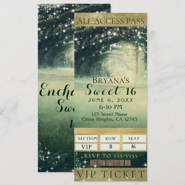 Enchanted Forest Green Blue Lights Sweet 16 Ticket Invitation (Front/Back)