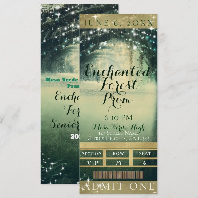 Enchanted Forest Green Blue Prom VIP Party Ticket Invitation (Front/Back)