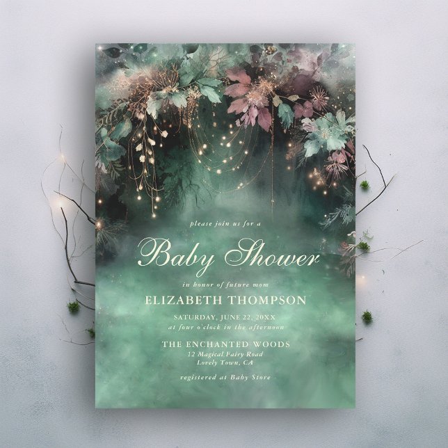 Enchanted Forest Greenery Arch Magical Baby Shower Invitation (enchanted forest fairy faerie magical baby shower invitation emerald green pink mauve elegant)
