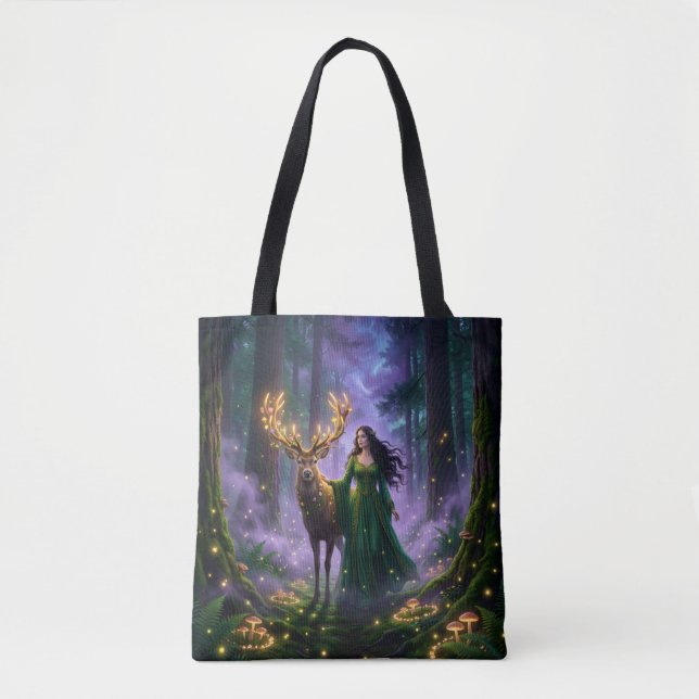 Enchanted Forest Guardian & Majestic Deer Tote Bag (Front)