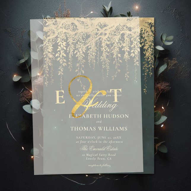 Enchanted Forest Hanging Gold Greenery Wedding Vellum Invitations (enchanted forest wedding invitation vellum cover gold ampersand initials)