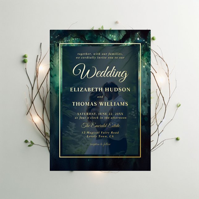 Enchanted Forest Hanging Vines Gold Photo Wedding (enchanted forest photo wedding invitation magical garden fairy lights vines greenery emerald gold)