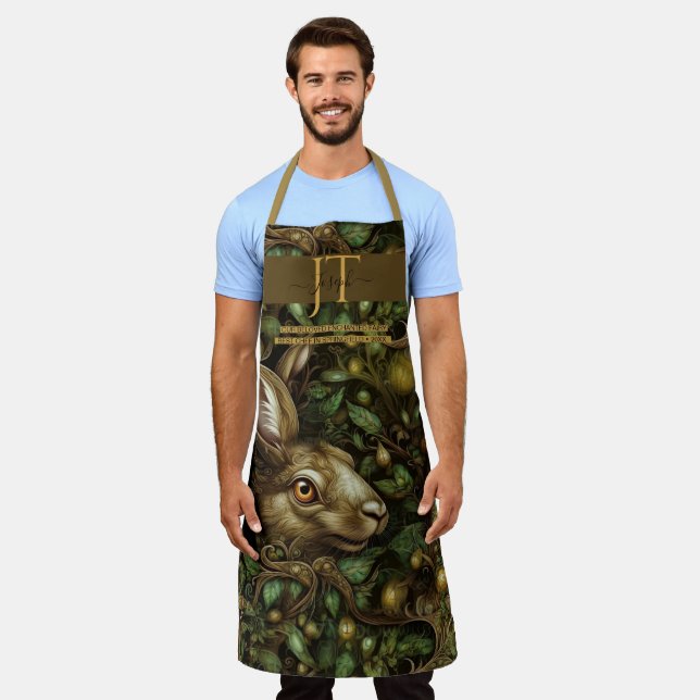 Enchanted forest hare green brown custom Monogram Apron (Worn)